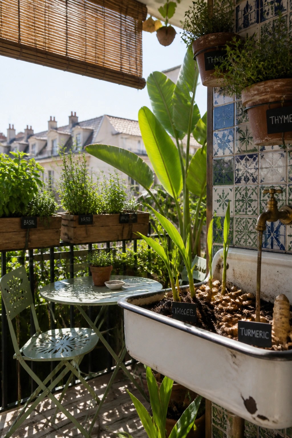 A sunny balcony garden with an old white enamel sink filled with soil and turmeric plants, wooden herb crates, hanging pots, and a small green metal table and chair.