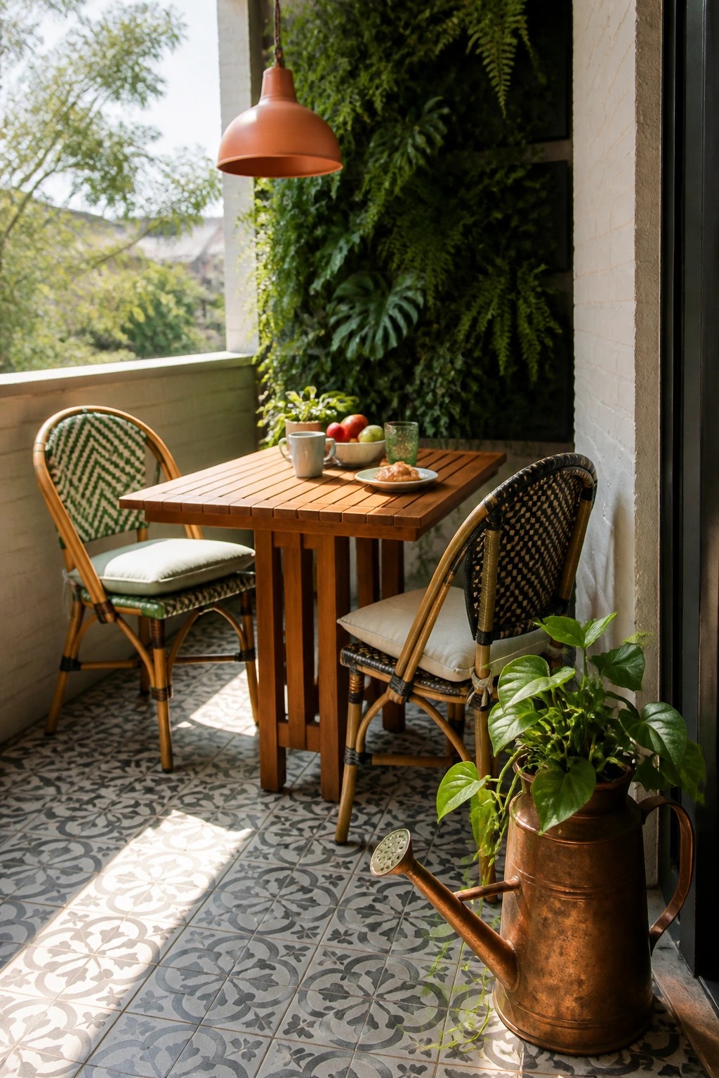 A small balcony with a wooden table and two woven chairs sits in front of a lush vertical garden wall covered in ferns and large green leaves, with a copper watering can and potted plants nearby.