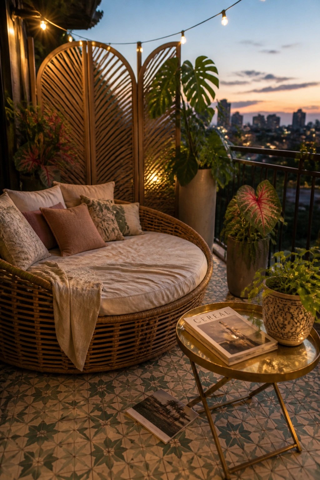 A round wicker daybed with neutral cushions and a throw sits on a patterned tile balcony, surrounded by potted tropical plants, with string lights above and a city view in the background.