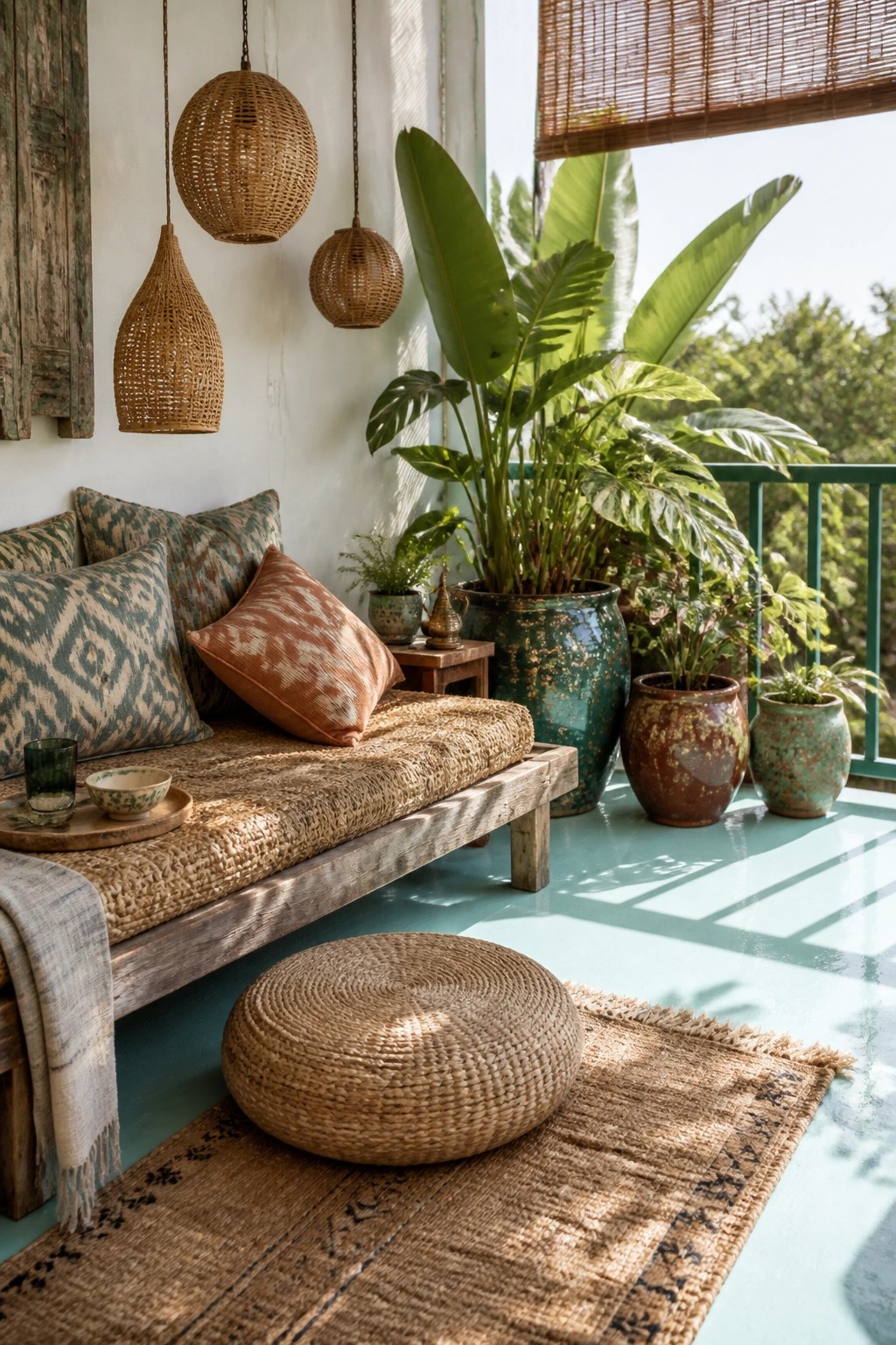 A balcony scene with a low wooden daybed, woven floor pouf, hanging rattan pendant lights, and multiple large ceramic pots holding tall tropical plants on a light blue floor.