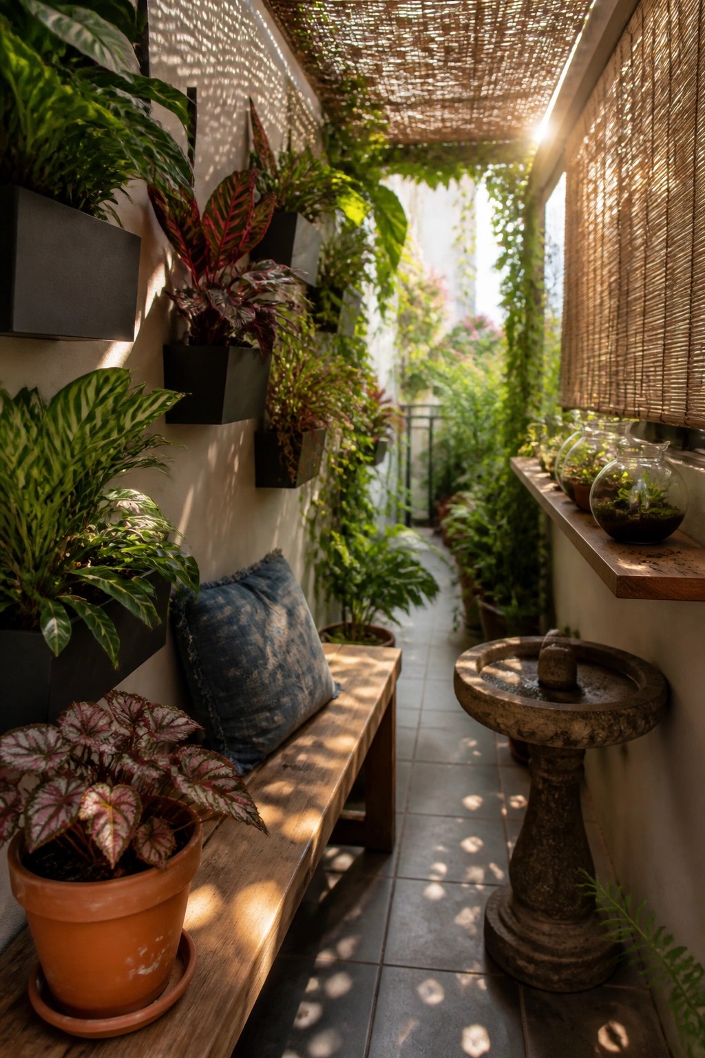 Narrow balcony garden with wooden bench, potted plants, stone fountain, and sunlight shadows
