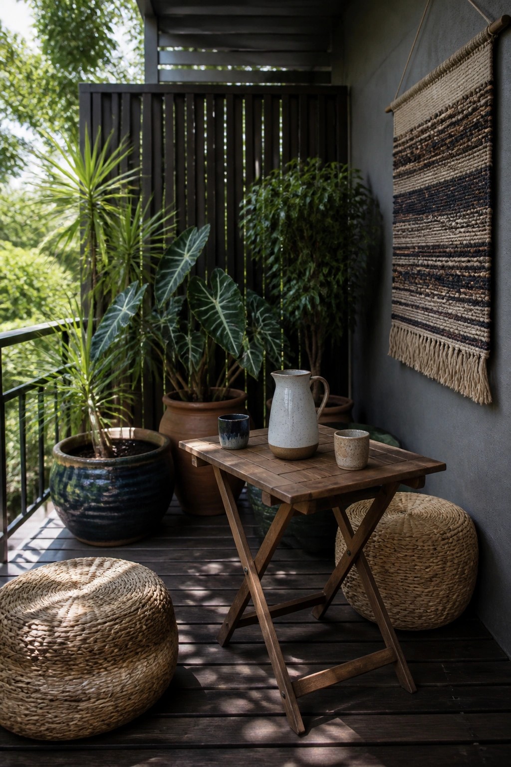 A small wooden balcony with potted tropical plants, a folding table holding a pitcher and cups, two woven poufs on the deck, and a woven wall hanging on the right.