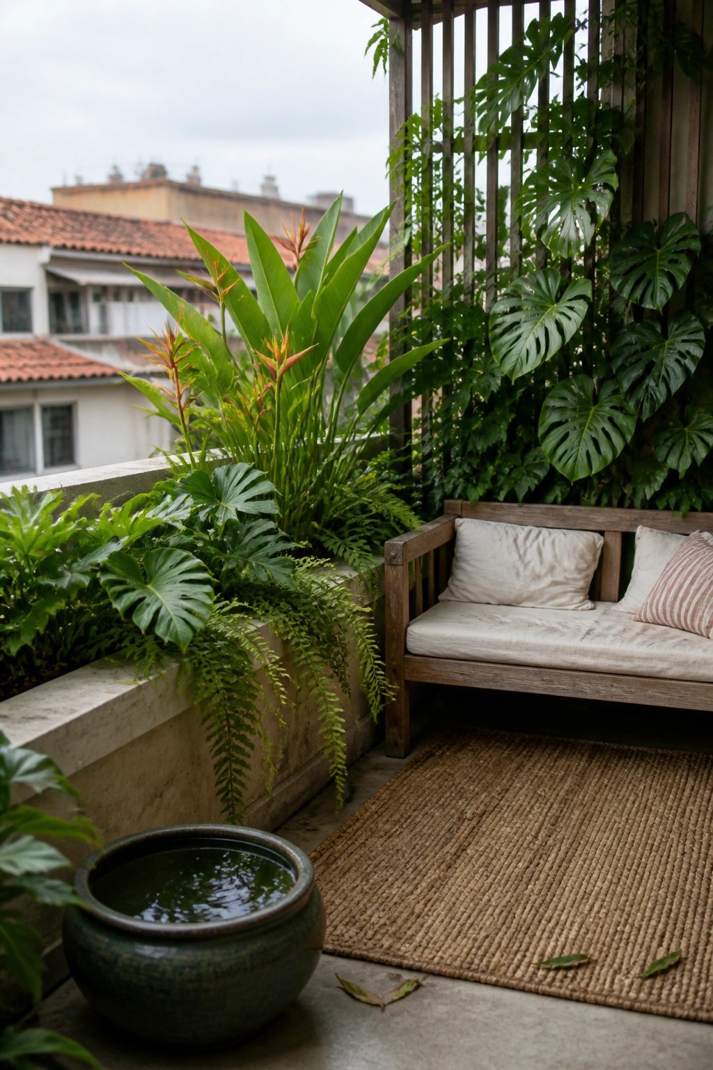 A wooden bench with cushions sits on a balcony beside a concrete planter filled with large tropical plants, next to a woven rug and a ceramic water bowl.
