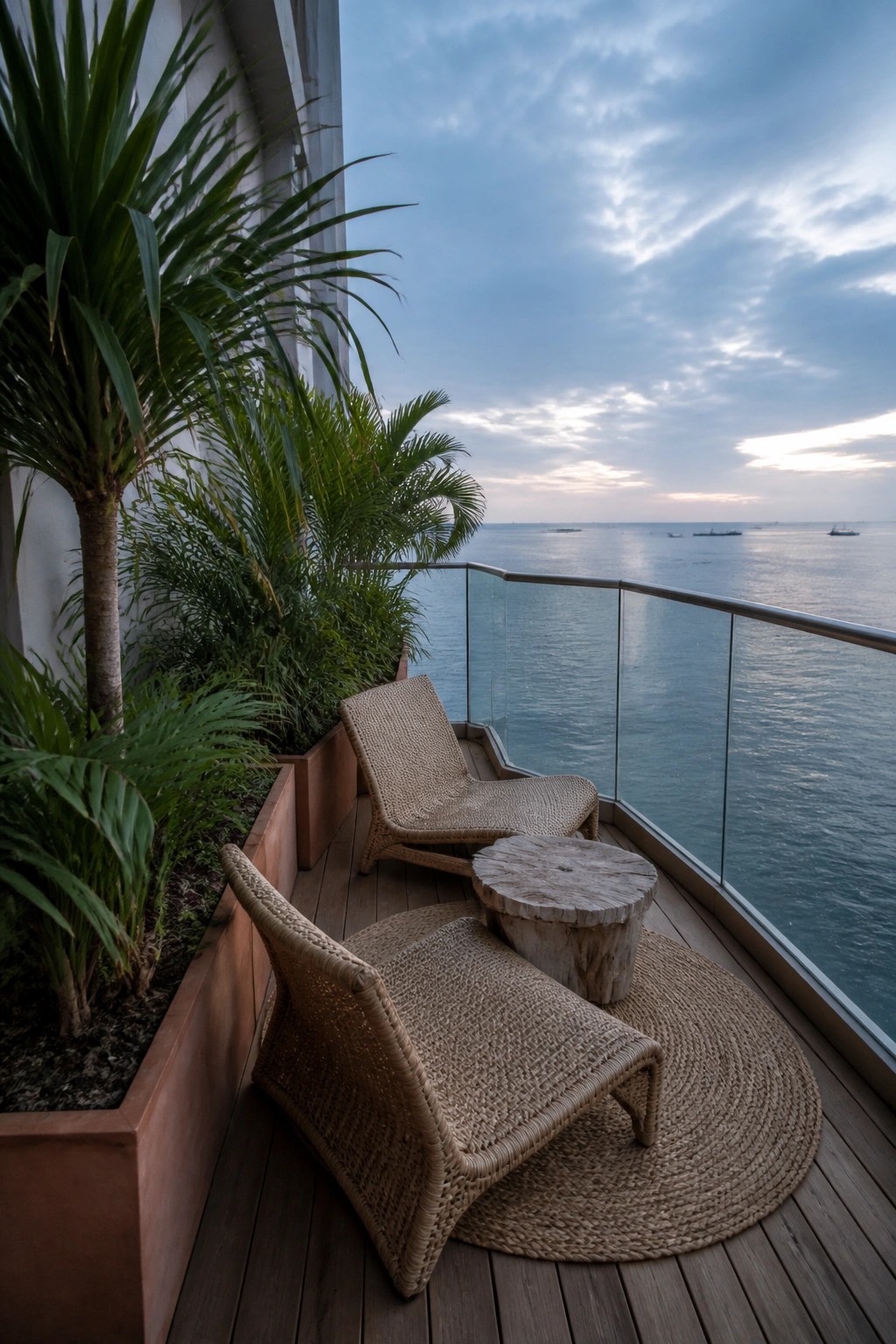 Two woven lounge chairs on wooden balcony overlooking calm sea at dusk