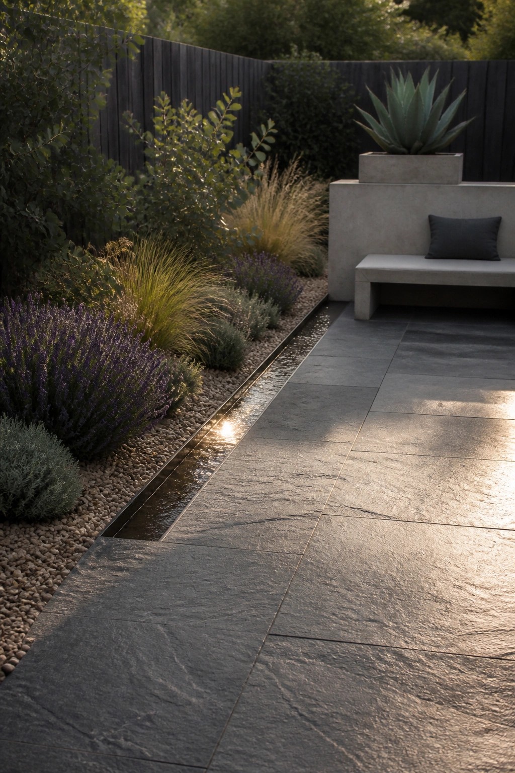 A minimalist garden features a narrow water channel running between dark stone paving and a gravel bed with lavender, grasses, and shrubs, beside a concrete bench and large potted agave.