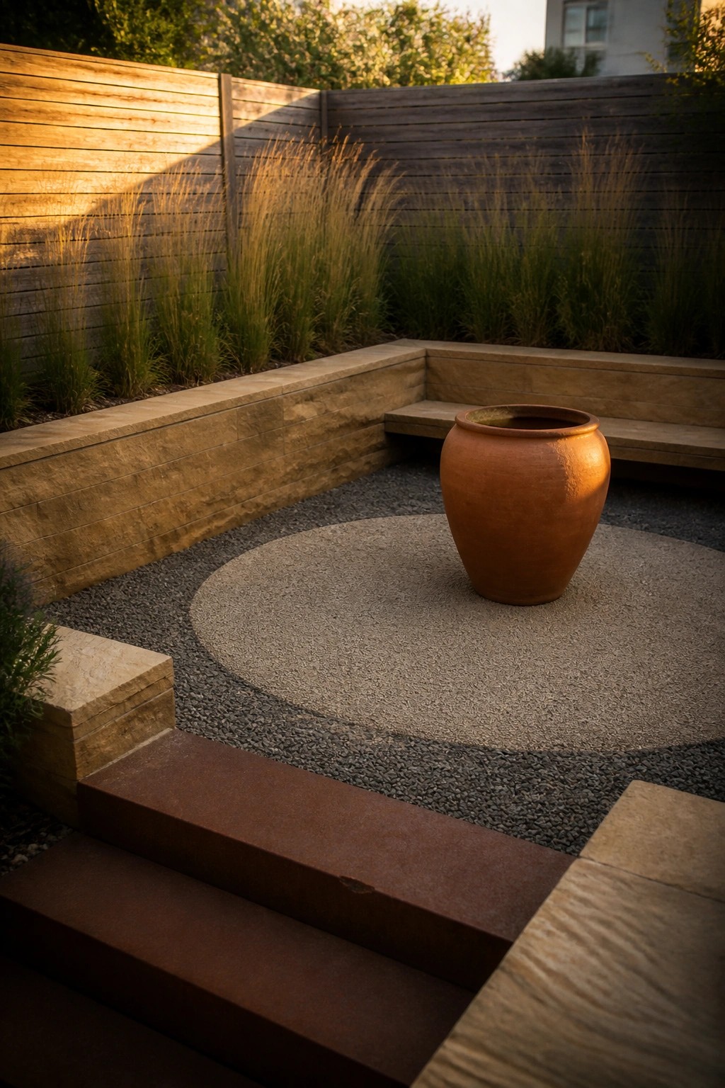 A minimalist outdoor garden with a large terracotta pot centered on a circular gravel area, surrounded by stone walls, steps, and tall grasses against a wooden fence.