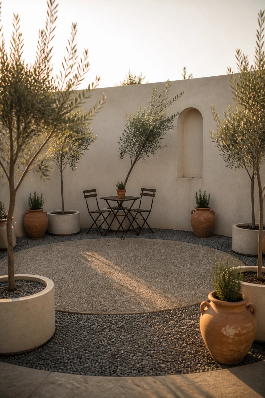 A minimalist outdoor courtyard with a circular gravel area holding a small metal table and two chairs, surrounded by potted olive trees against a plain wall.