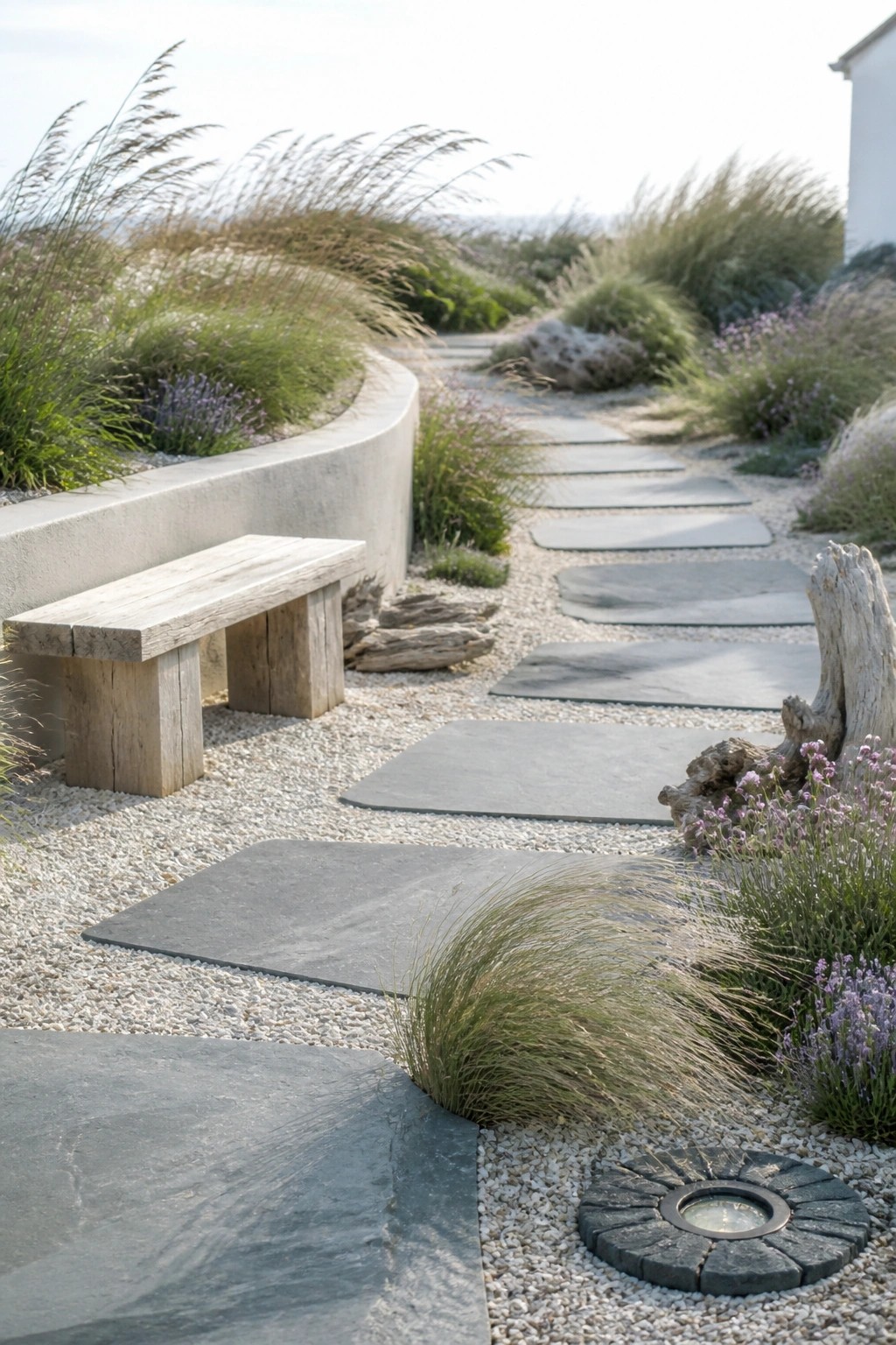 A minimalist garden path of large gray stone slabs set in light gravel, bordered by ornamental grasses and lavender, with a wooden bench on the left side.