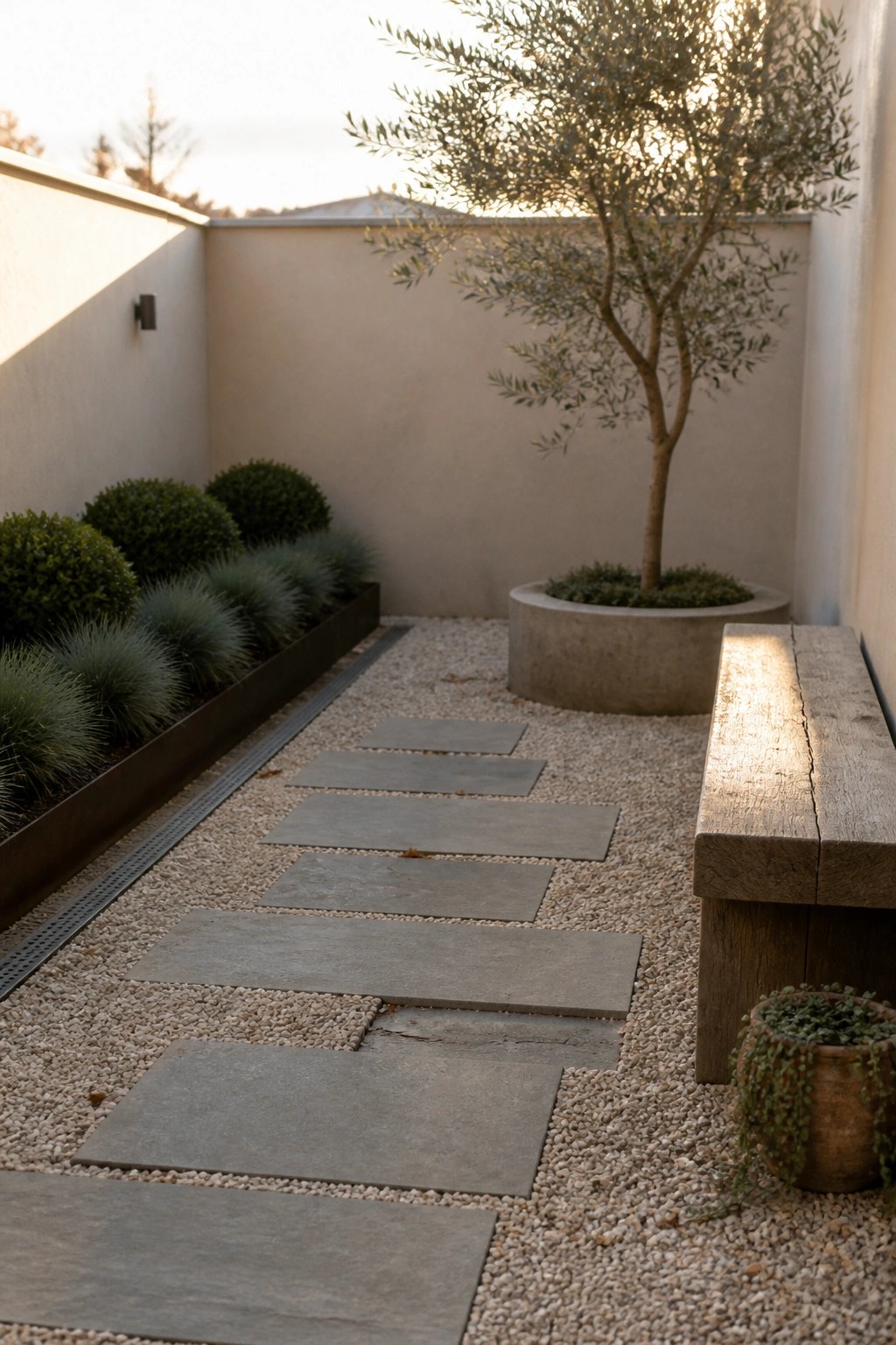 A minimalist outdoor garden path of rectangular gray stone pavers set into light gravel, bordered by shrubs on one side and a wooden bench with a potted tree on the other.