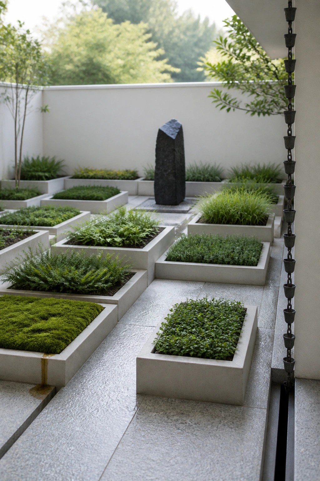 A minimalist courtyard garden with multiple rectangular concrete planters holding various green plants and a tall dark stone standing in the background.
