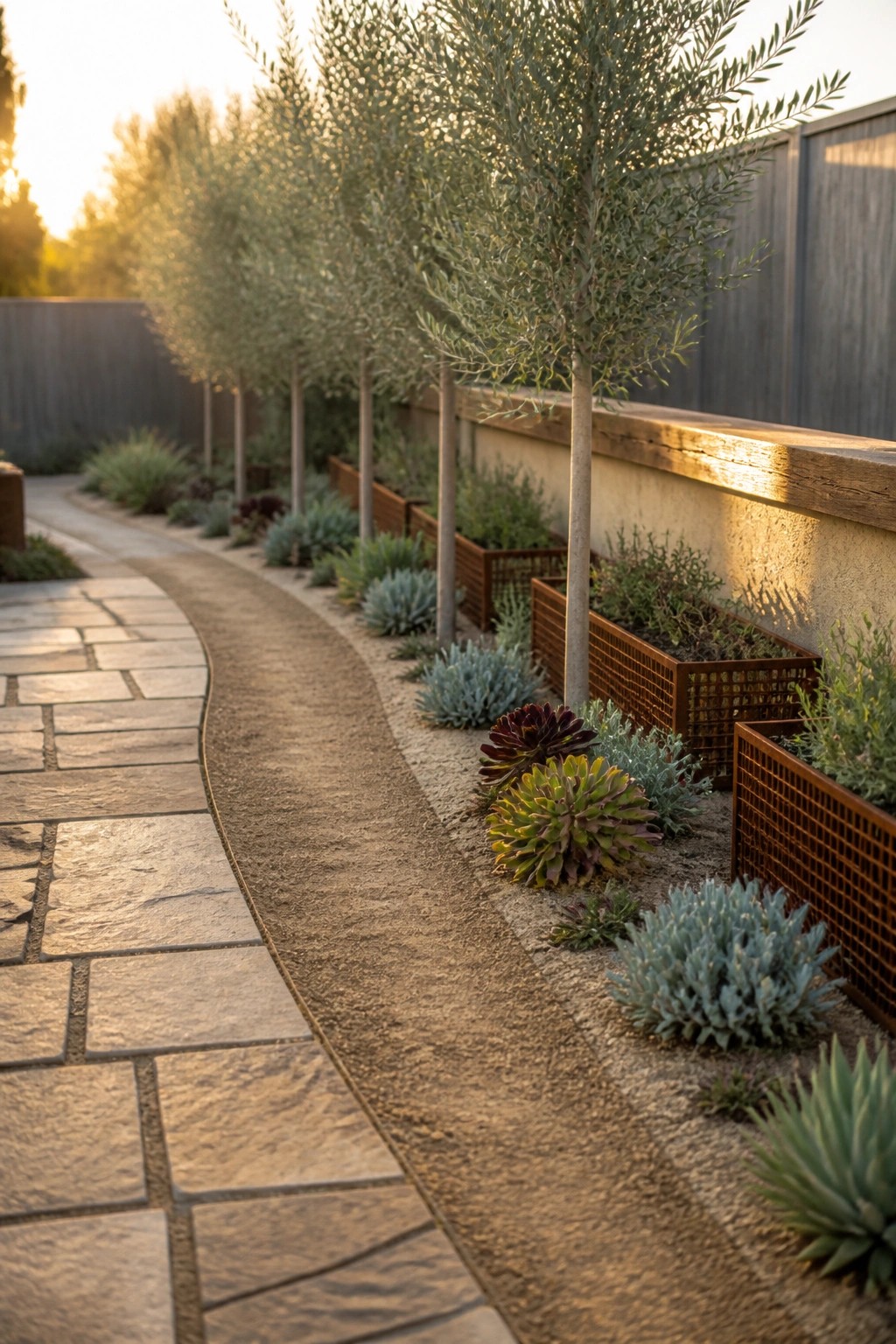 A curved stone pathway runs beside a gravel strip lined with raised metal planters holding trees and succulents.