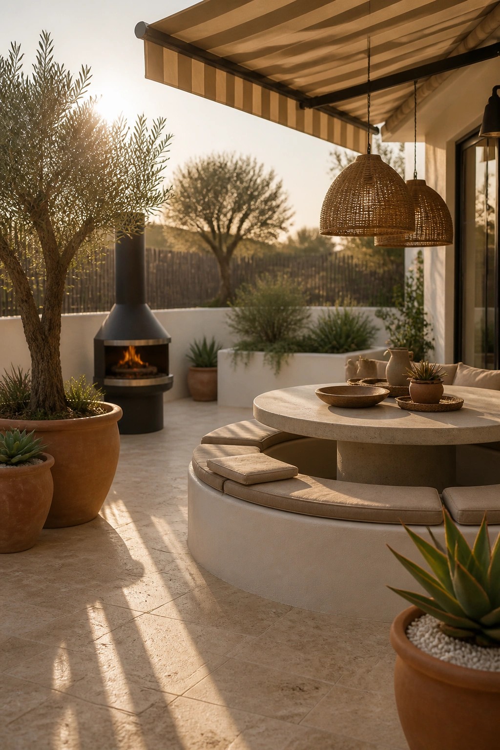 An outdoor patio with a round concrete table surrounded by a curved built-in bench with beige cushions, a black fireplace, terracotta pots with olive trees and succulents, woven pendant lights, and a striped awning.