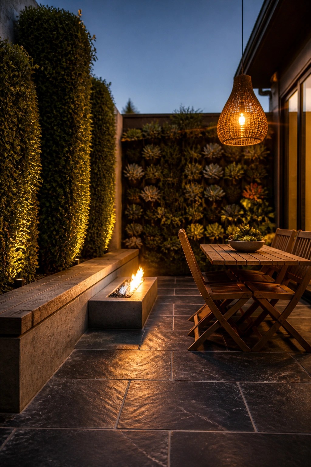 Wooden patio table, fire pit, hanging lantern, and succulent living wall at dusk.