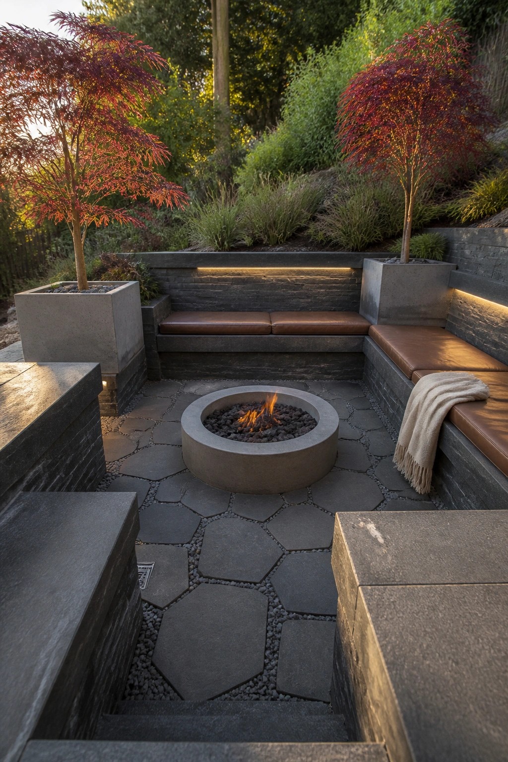 A modern outdoor patio features a round concrete fire pit centered on irregular stone pavers, surrounded by built-in dark stone benches with brown cushions and large concrete planters holding red-leafed trees.