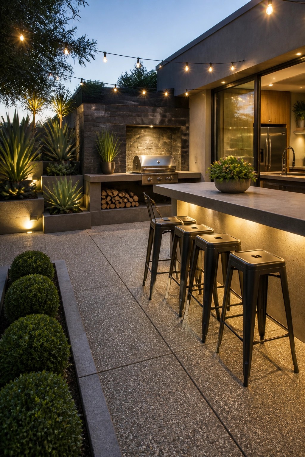 An outdoor patio features a long concrete bar with four black metal stools, a built-in stainless grill in a stone wall, potted agave plants, and string lights overhead.