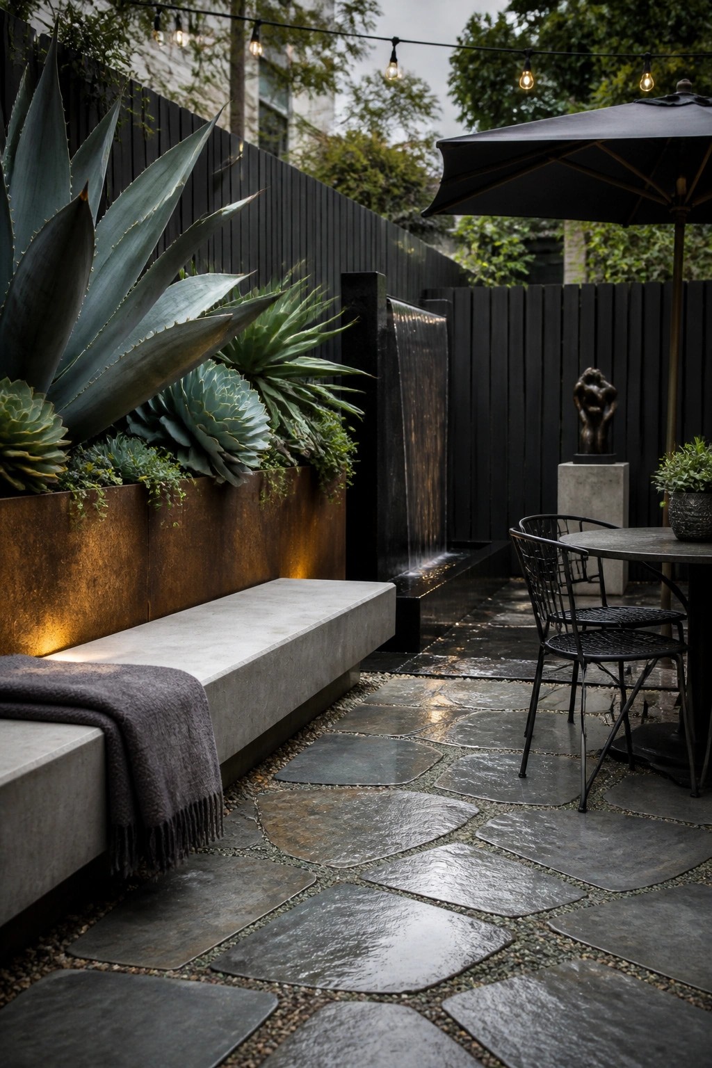 Modern patio with succulents, concrete bench, stone path, water wall, and seating.