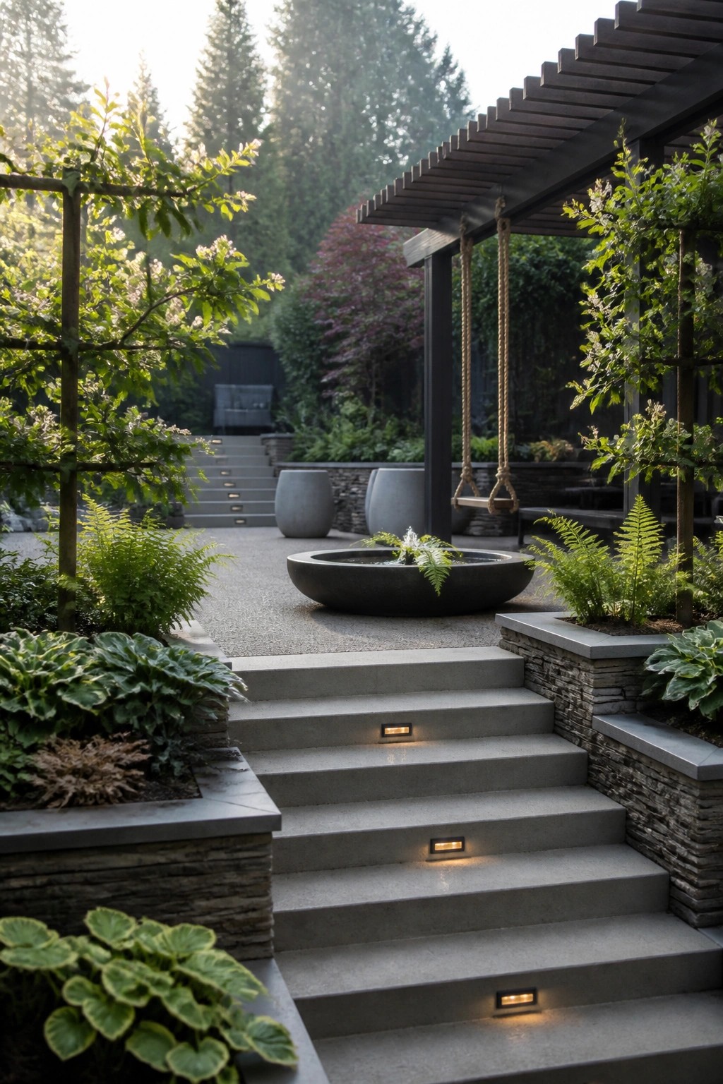 A garden scene showing concrete steps with inset lights descending to a gravel area with a large round concrete water fountain holding ferns, a wooden swing hanging from a pergola, stone retaining walls, and dense green planting on both sides.