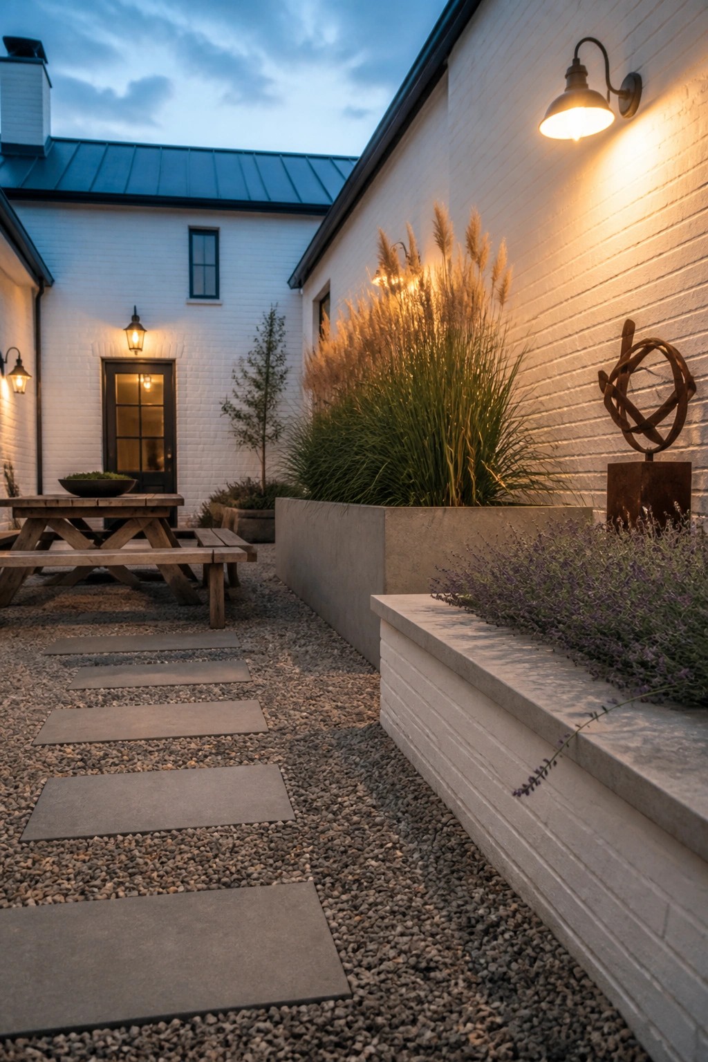 A gravel path lined with rectangular stepping stones runs beside concrete planters holding tall ornamental grasses and purple flowering plants next to a white brick wall.