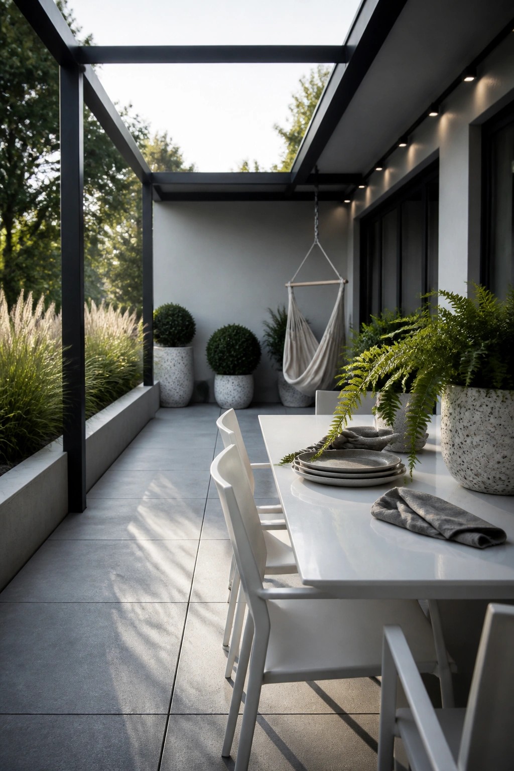 A modern covered patio with a long white dining table and white chairs, flanked by large speckled concrete planters holding ferns and greenery, with a hanging chair visible in the background.
