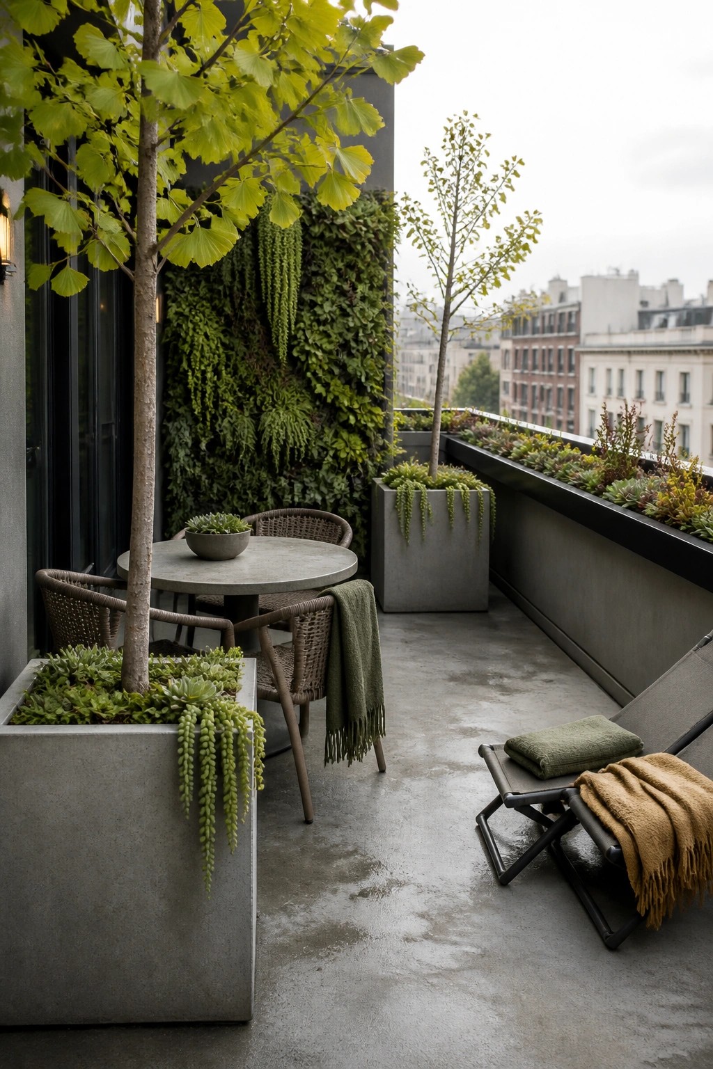 A modern balcony with large gray concrete planters holding trees and succulents, a round concrete table with woven chairs, a vertical green wall, and a lounge chair with folded blankets.