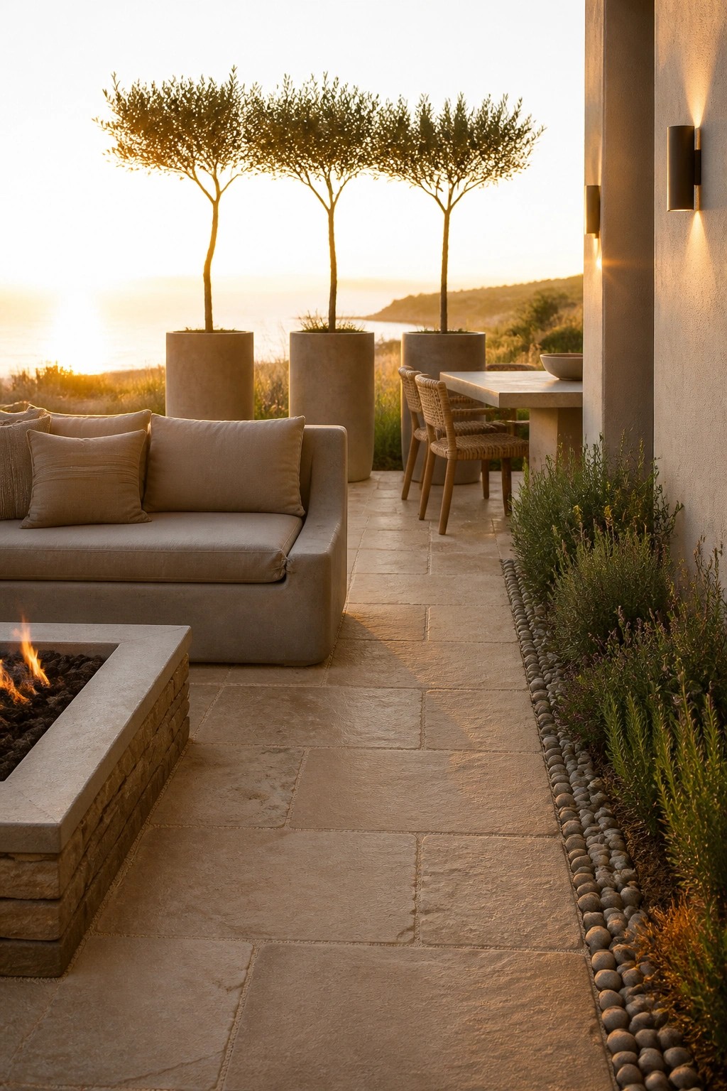 A modern stone patio featuring a concrete outdoor sofa, fire pit, dining table with woven chairs, and three large cylindrical concrete planters holding tall trees, with a coastal view at sunset.