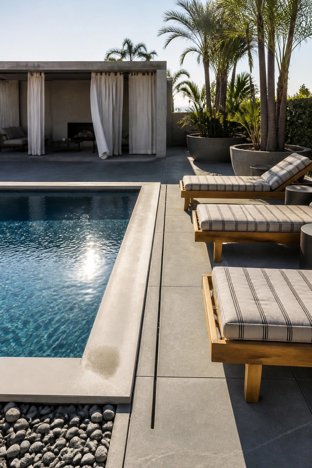 A modern outdoor pool with concrete coping and decking, wooden lounge chairs with striped cushions, and large concrete planters holding palm trees.