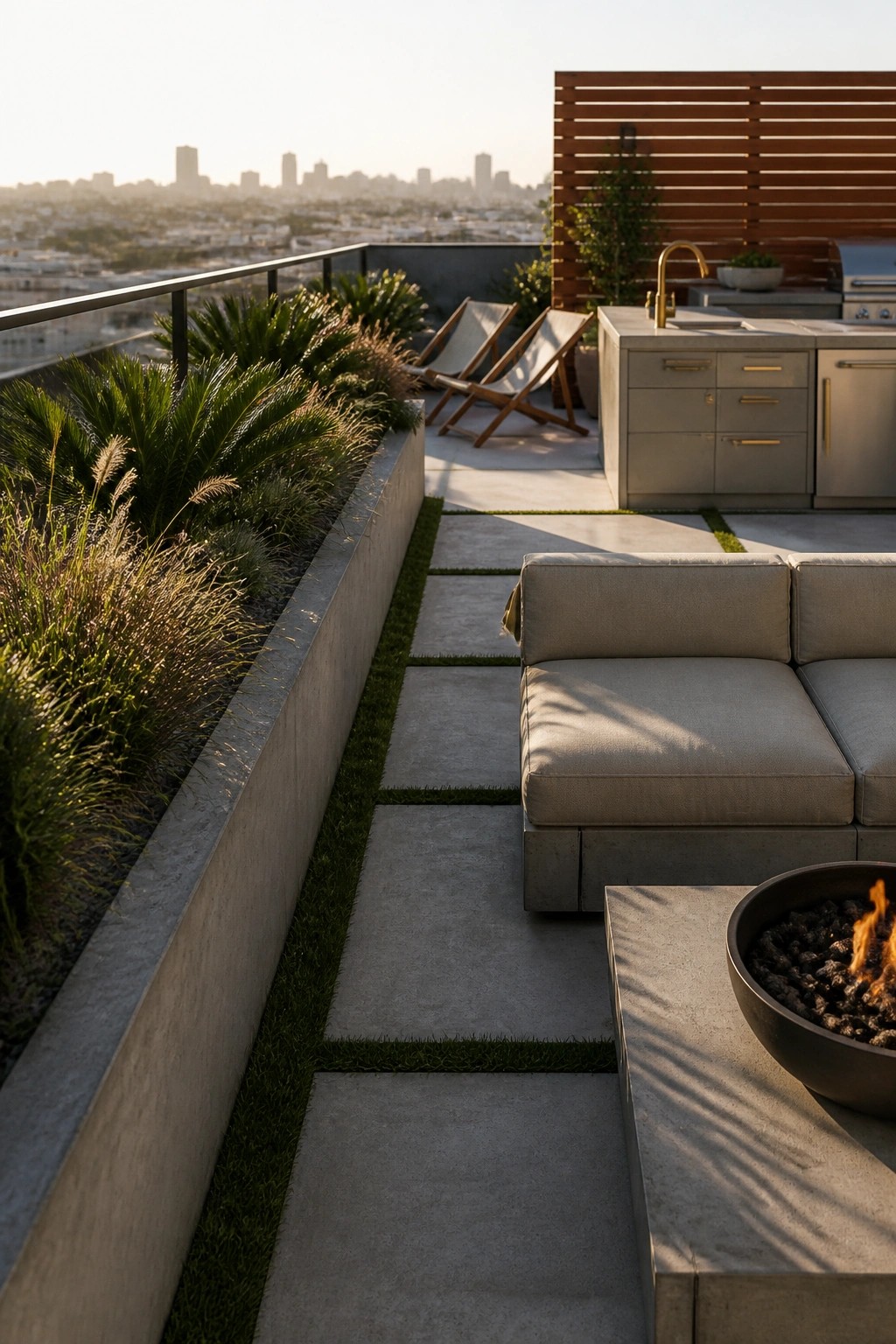 A rooftop patio with a long concrete planter holding grasses and palms, concrete pavers with grass joints, and an outdoor sectional sofa next to a fire pit.