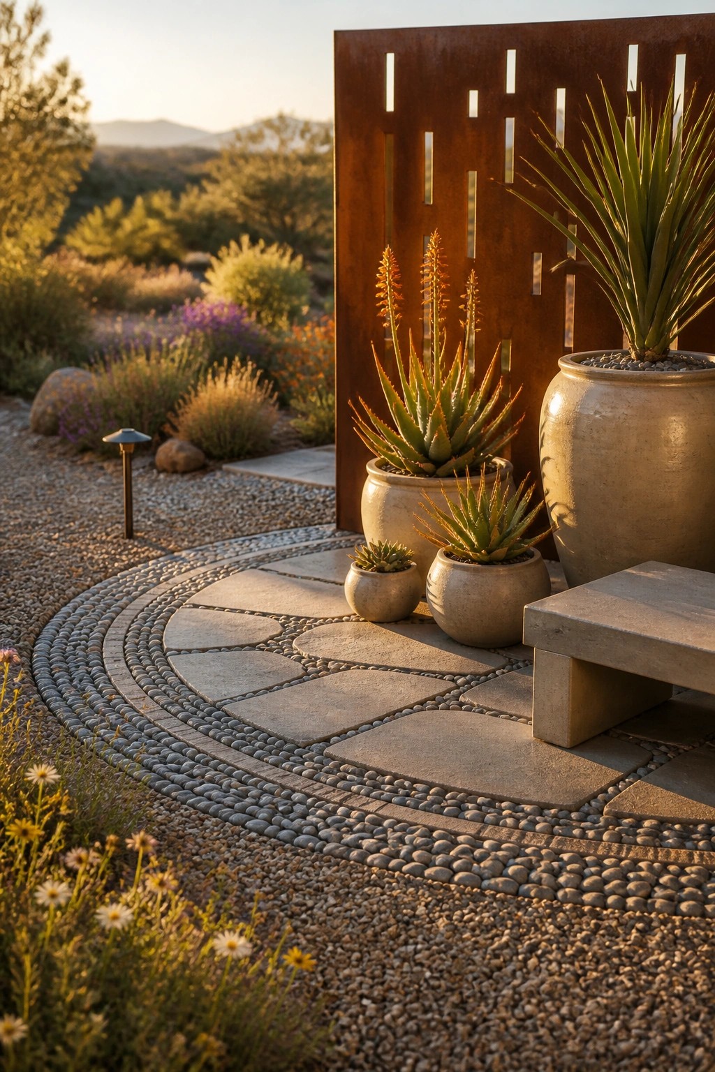 A curved stone paver path with pebble edging leads to potted agave plants in front of a rusted metal screen in a gravel garden.