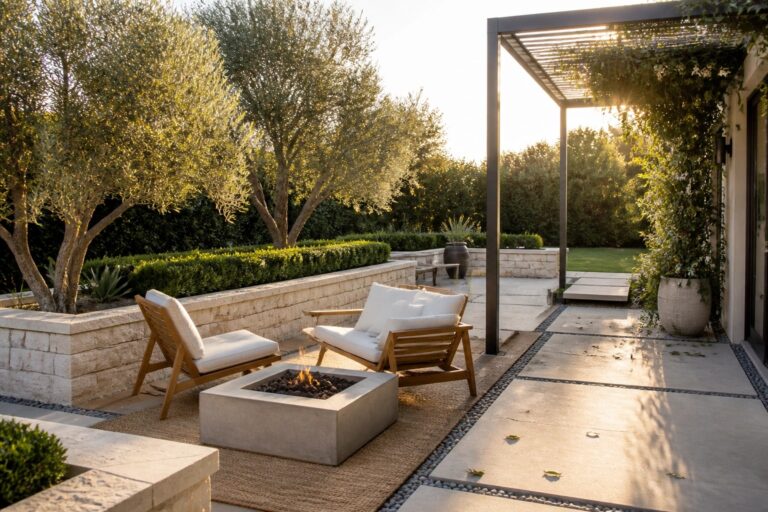19 Modern Patio Garden Ideas in Stone, Concrete, and Sculptural Greenery A modern outdoor patio features a dark metal pergola over wooden lounge chairs on a rug, a concrete fire pit, stone retaining walls, and surrounding greenery at sunset.