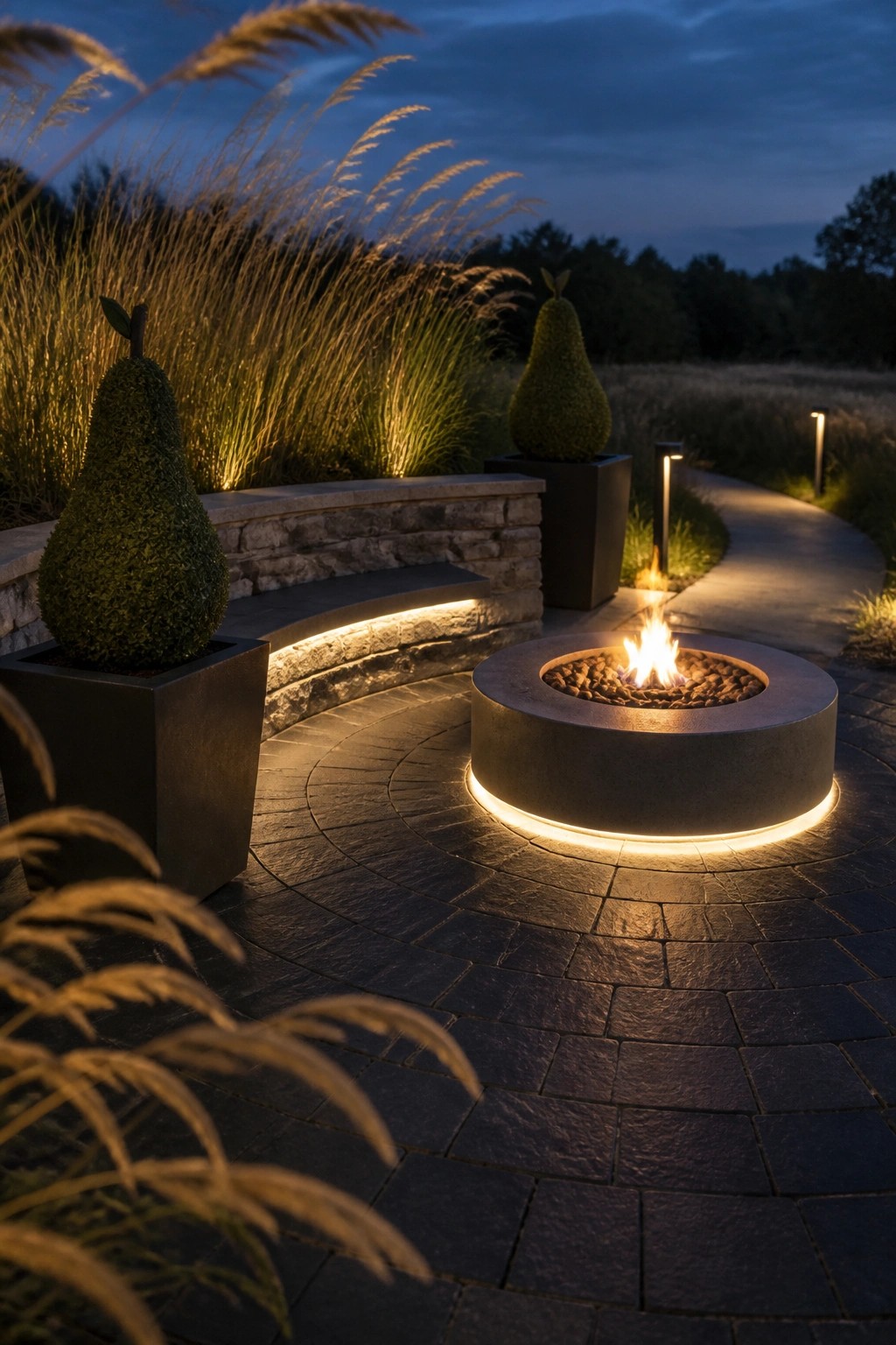 Modern fire pit with flames on illuminated stone patio amid potted plants at dusk