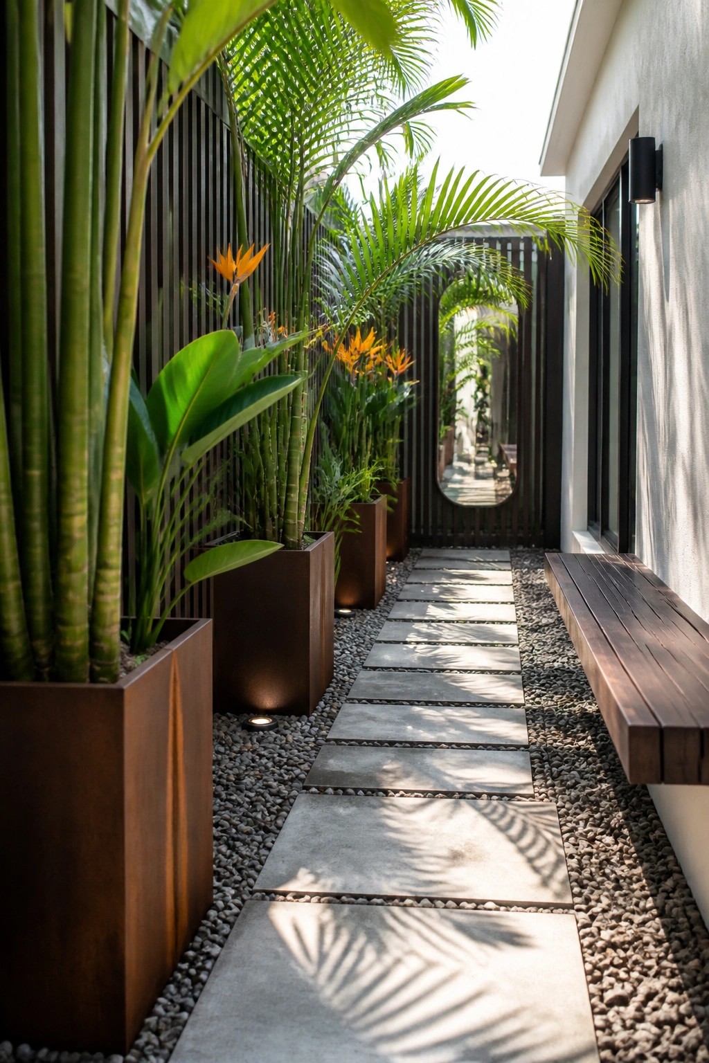 A narrow outdoor path of concrete stepping stones set in gravel, lined on one side by large brown planters holding tall green plants and orange flowers, with a wooden bench on the right.