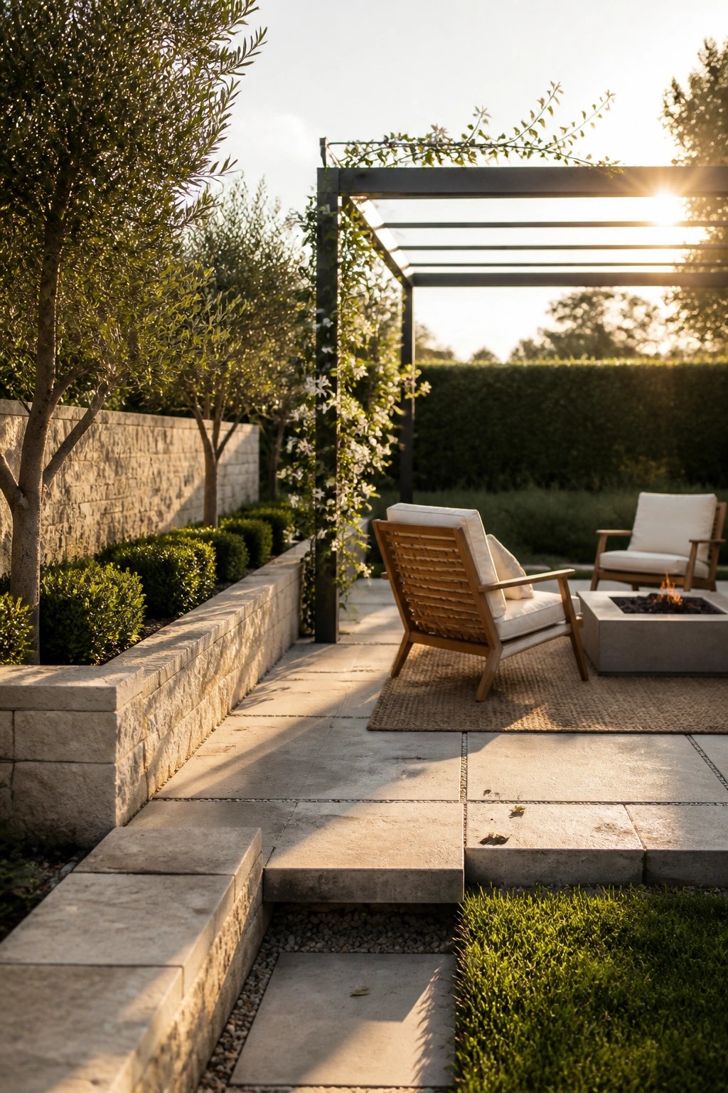 A modern outdoor patio features a dark metal pergola over wooden lounge chairs on a rug, a concrete fire pit, stone retaining walls, and surrounding greenery at sunset.
