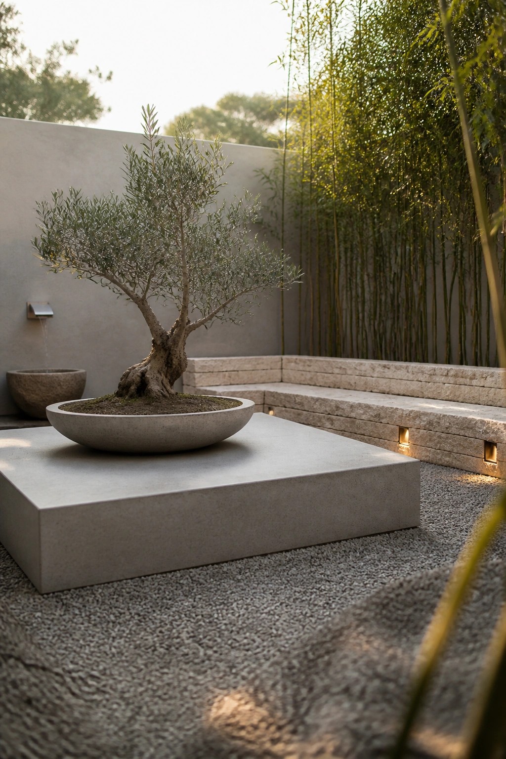 A sculptural tree grows in a wide concrete bowl placed on a low square concrete platform in a gravel courtyard with built-in stone seating and tall bamboo along the back wall.