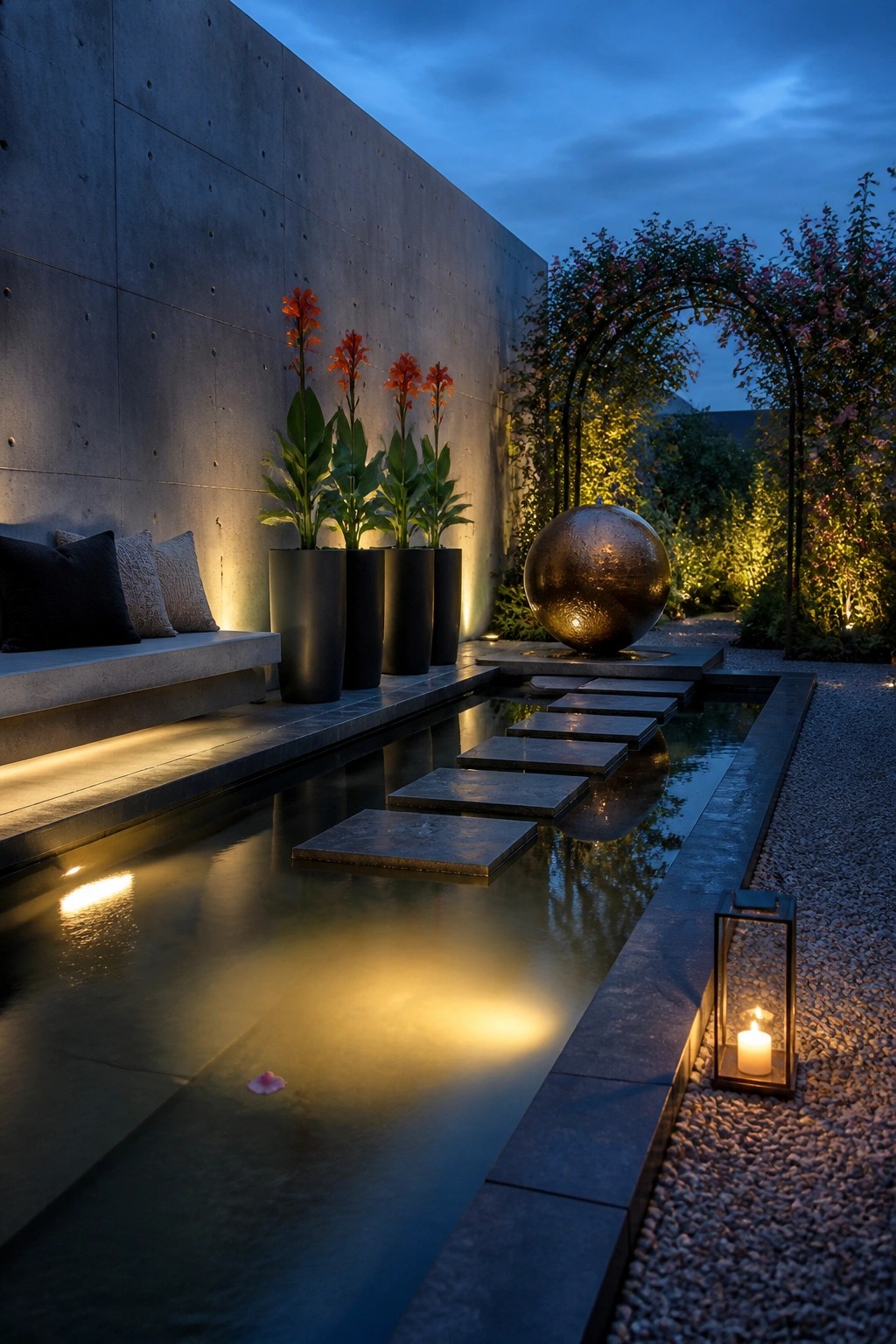 A modern outdoor patio garden at dusk shows a narrow reflecting pool with large stepping stones crossing the water, next to a concrete wall, potted plants, and a metal sphere sculpture.