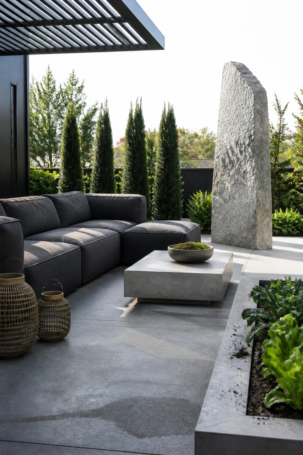 Modern outdoor patio with dark sectional sofa, concrete coffee table, woven lanterns, large upright stone sculpture, and raised garden bed with leafy plants.