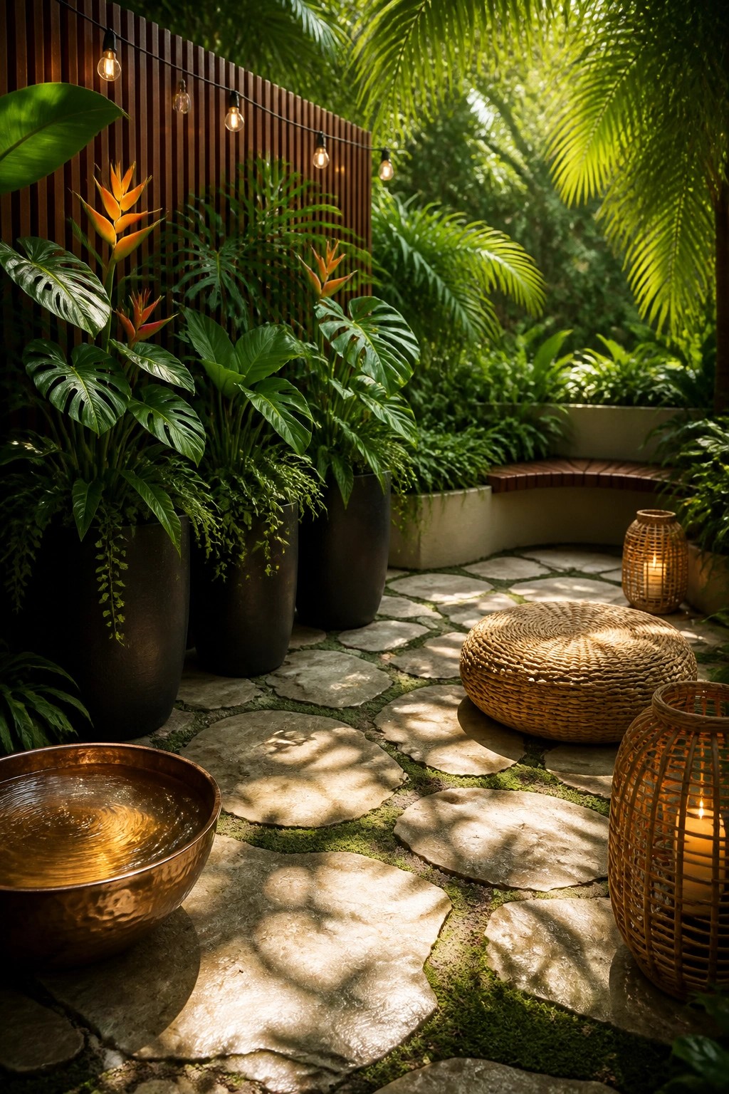 Lush tropical patio with stone path, potted plants, string lights, and woven lanterns