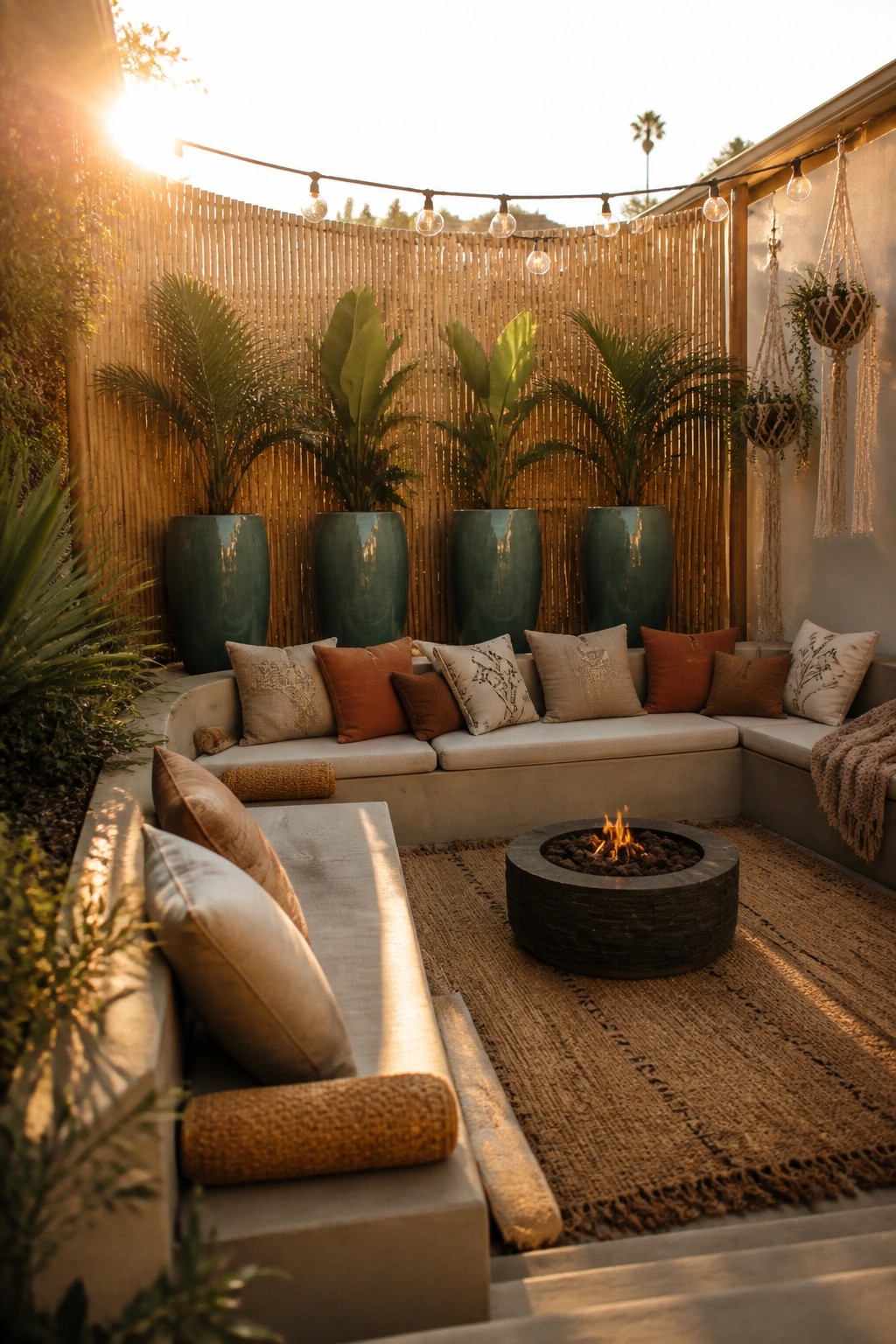 An outdoor patio with L-shaped built-in seating, a central fire pit, tall planters against a bamboo screen wall, string lights, and hanging plants.