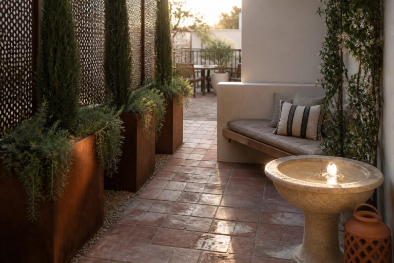 19 Private Patio Garden Ideas That Use Screens, Tall Planters, and Hidden Seating A brick patio with tall evergreen trees in large metal planters lined up against a perforated metal screen beside a built-in bench and a stone water fountain.