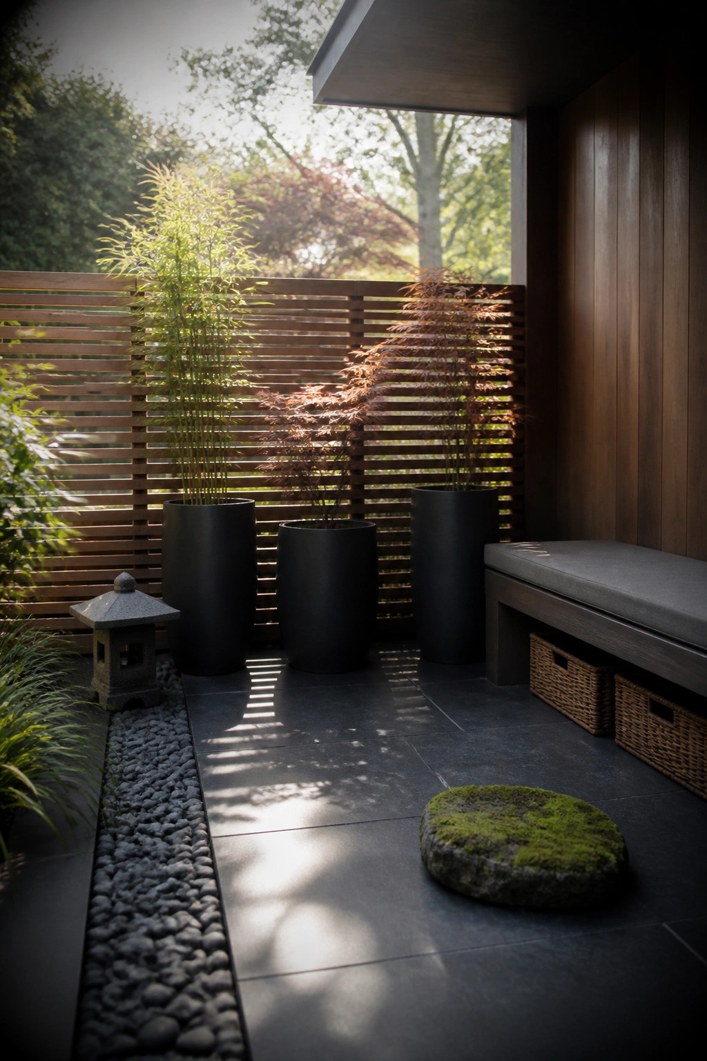 Tranquil patio with black planters, wooden bench, stone lantern, and mossy rock