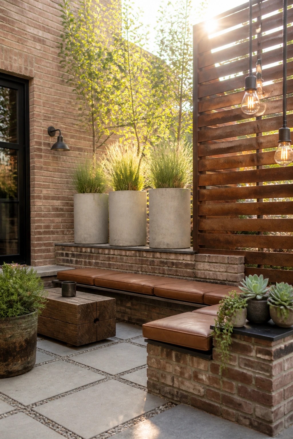 Outdoor patio with cushioned seating on brick ledges, three tall concrete planters holding tall grasses, a wooden slatted privacy screen, and hanging Edison bulb lights.