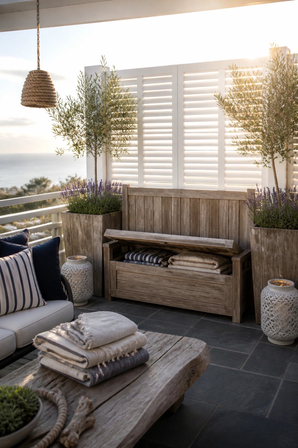 A wooden storage bench with its lid open on a tiled patio, showing folded textiles inside, flanked by tall planters with trees and lavender, and white louvered screens behind.
