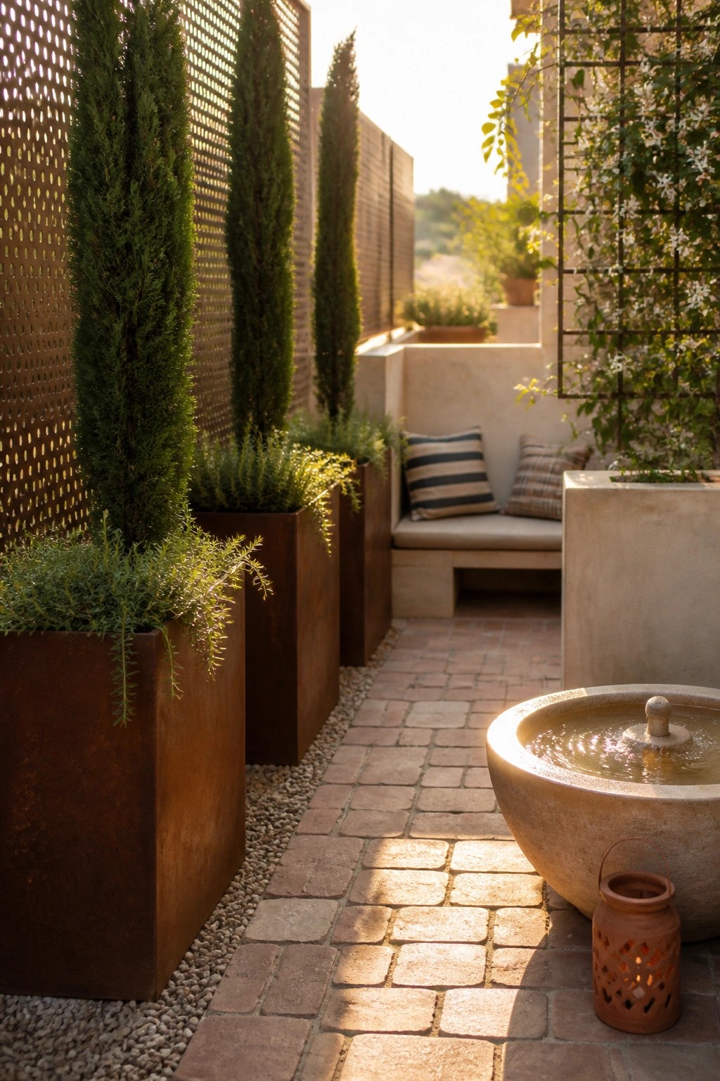A brick patio with tall evergreen trees in large metal planters lined up against a perforated metal screen beside a built-in bench and a stone water fountain.