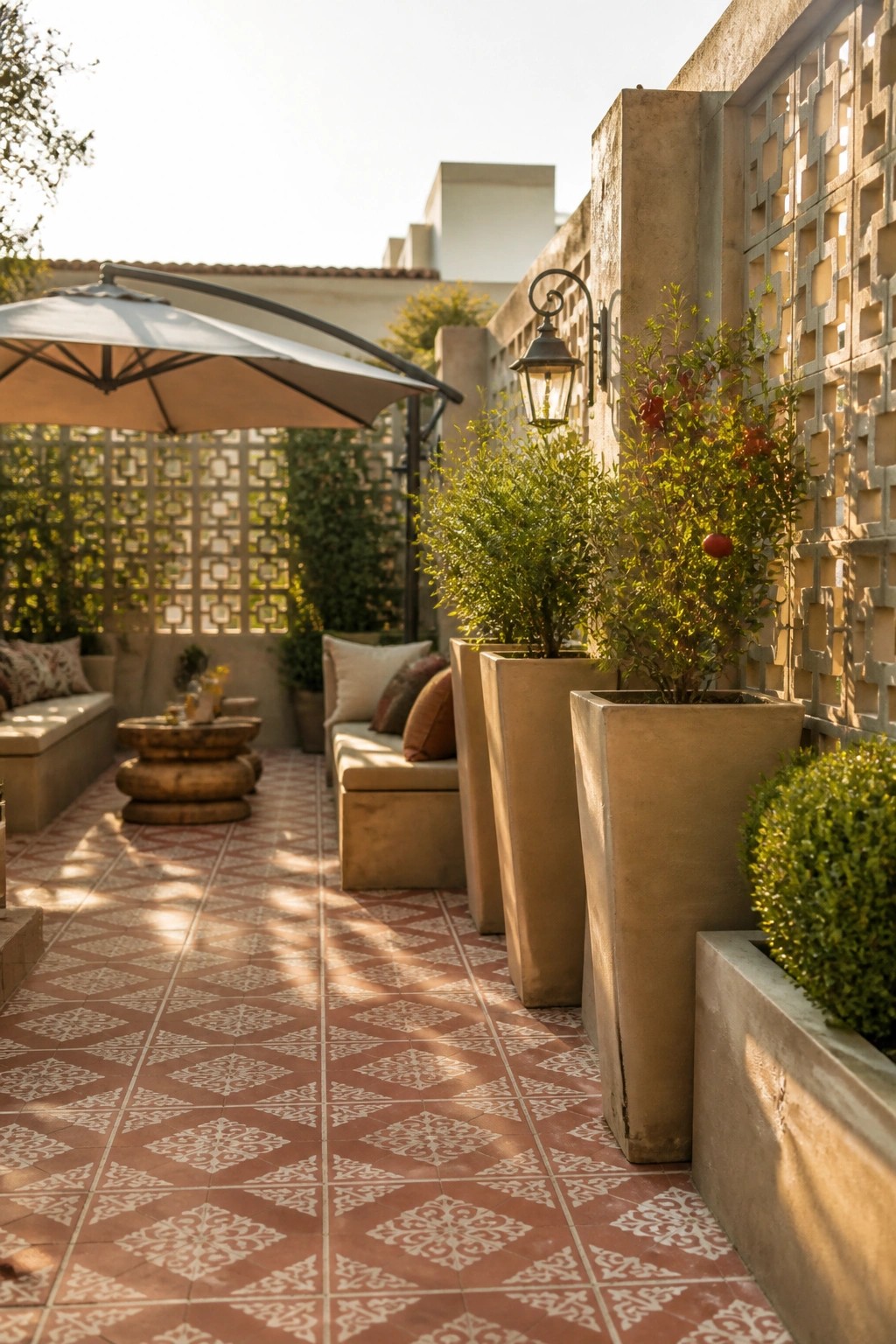 A patio with red patterned tiles shows tall beige planters filled with green shrubs and small trees placed along a decorative concrete block wall.