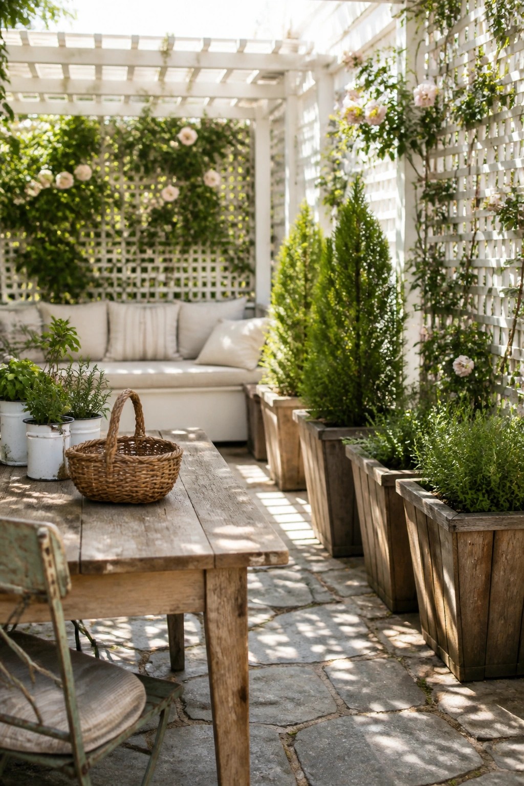 A sunlit patio with a wooden table, rustic chair, woven basket, built-in cushioned bench, tall wooden planters holding shrubs and evergreens, and white lattice screens covered in climbing roses and vines.
