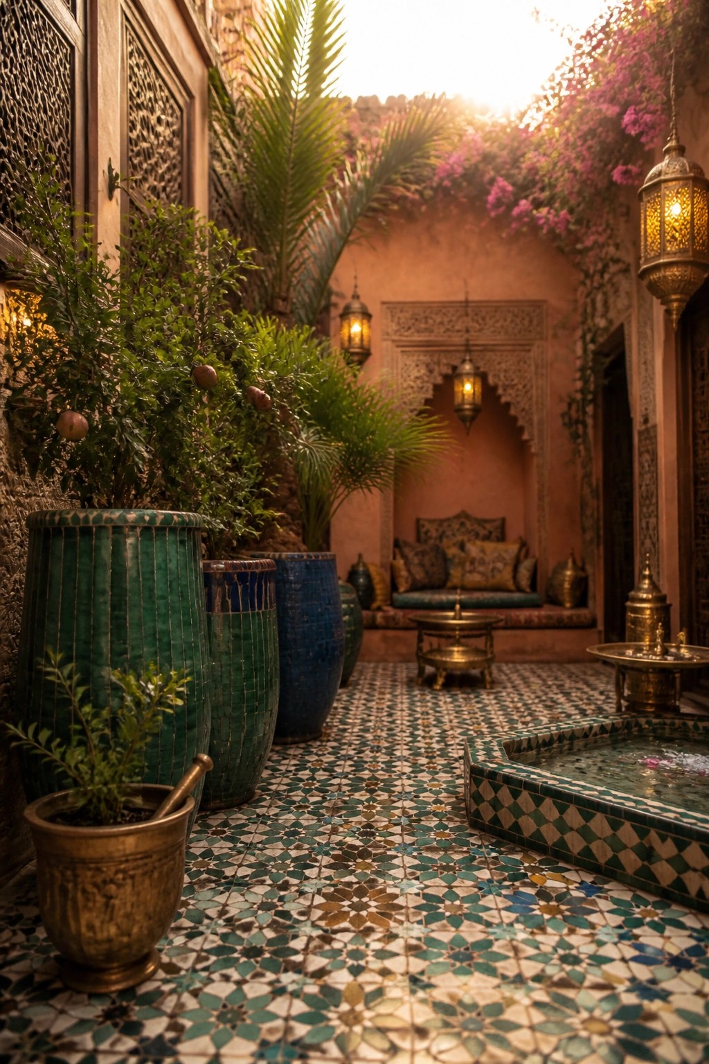 A Moroccan courtyard patio with patterned tile flooring, large green and blue ceramic planters holding shrubs, a small tiled fountain, hanging lanterns, and a cushioned seating area set into a wall niche.