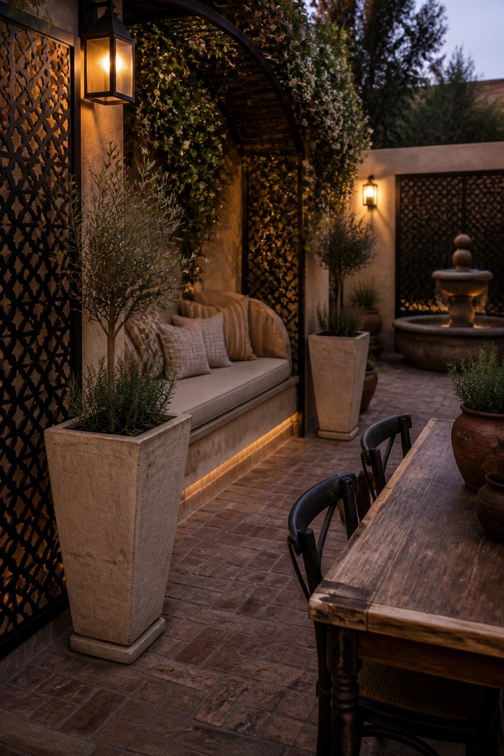 A brick patio at dusk with a cushioned built-in bench under a vine-covered arch, tall concrete planters, a wooden table with black chairs, lattice screens, and a stone fountain in the background.