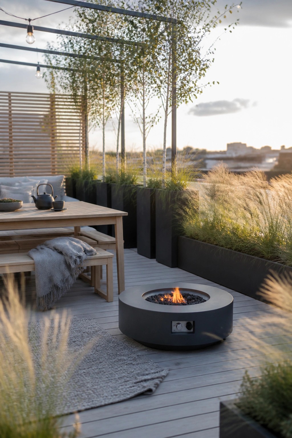 Rooftop deck with a round fire pit, wooden dining table and benches, tall black planters holding trees and grasses, and a wooden privacy screen on the left.