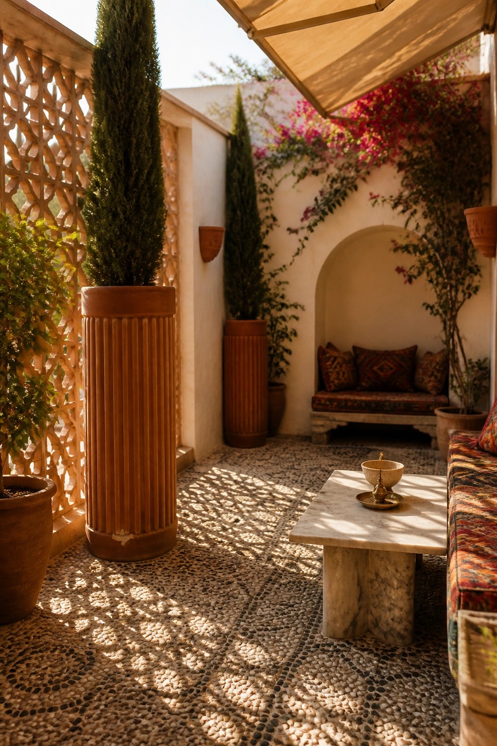 A sunlit patio with pebble floor, ribbed terracotta planters holding tall cypress trees, a built-in cushioned bench in an arched niche, and a marble table in the foreground.