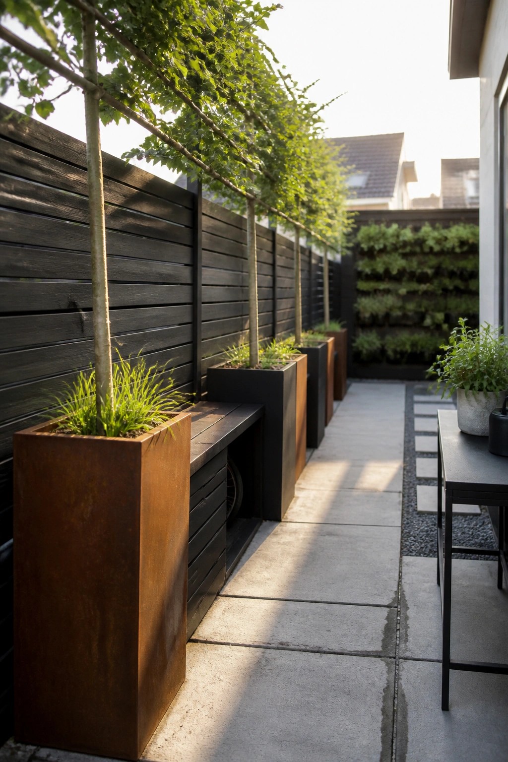 A narrow concrete patio bordered by tall rectangular planters with trees and grasses along a dark wooden fence.