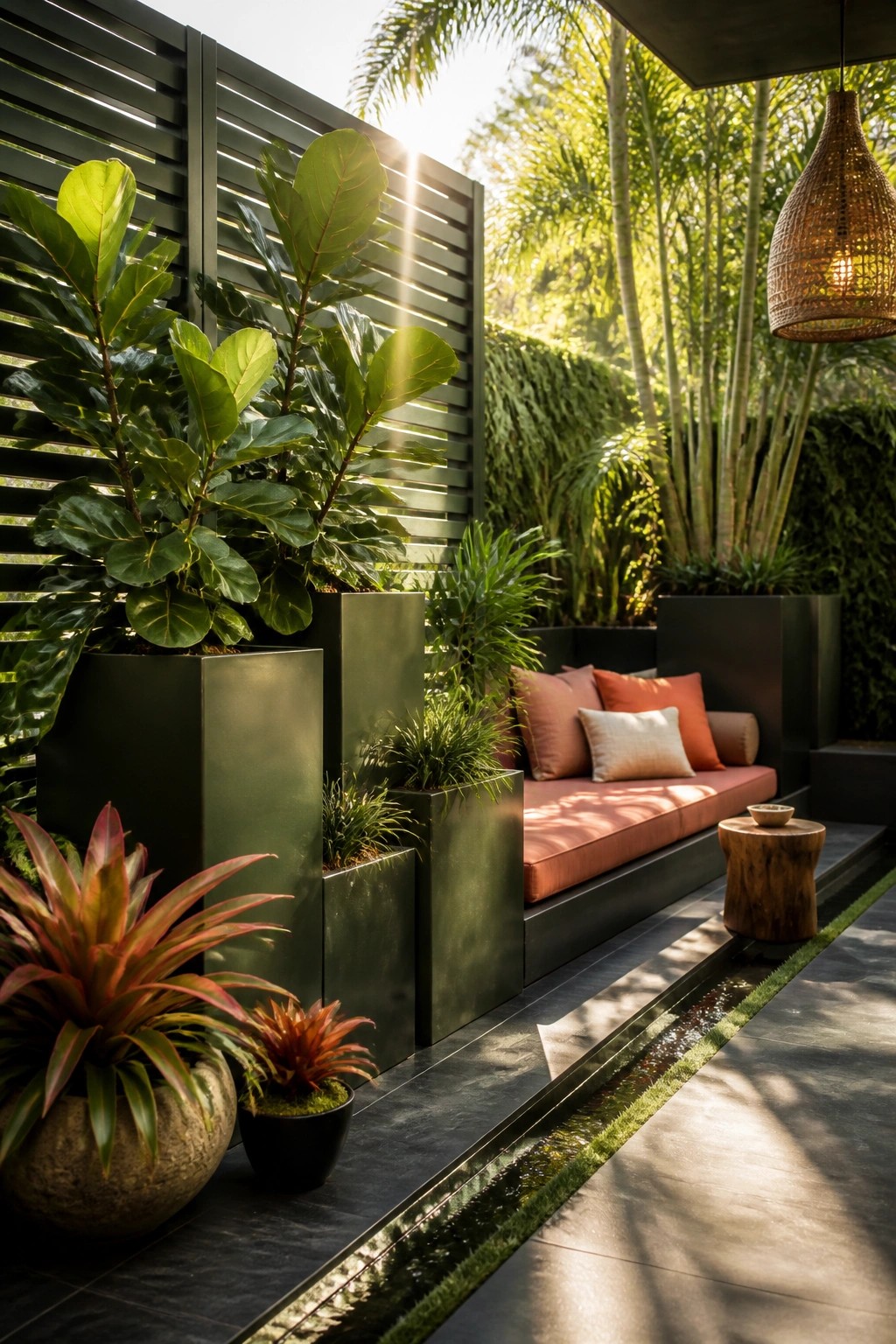 Outdoor patio with tall dark planters holding large green plants along a slatted screen wall, a built-in bench with coral cushions, and a small wooden side table.